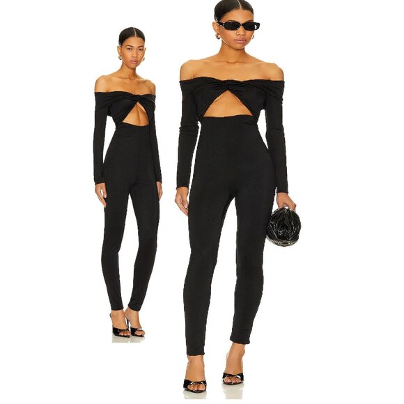 NWT NBD JOURNI OFF THE SHOULDER BLACK JUMPSUIT W/KNOTTED FRONT AND CUTOUT SIZE M - Picture 1 of 10